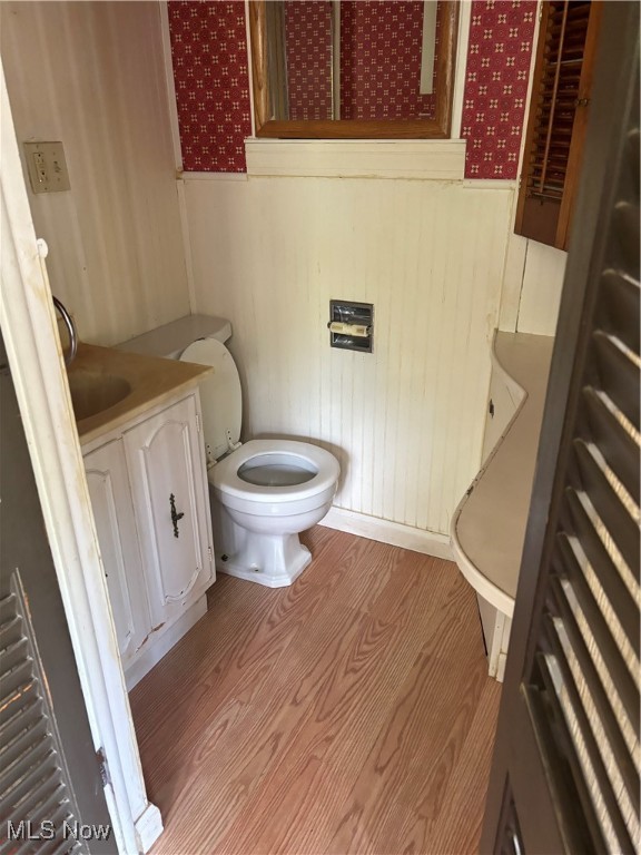 bathroom with toilet, vanity, and hardwood / wood-style flooring