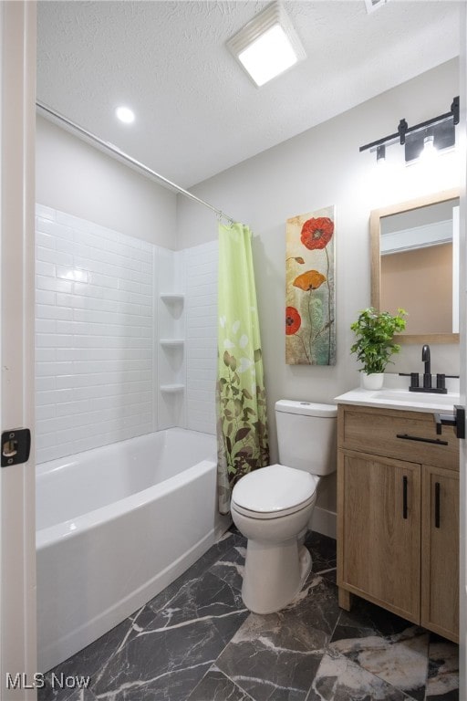 full bathroom with vanity, shower / bath combination with curtain, a textured ceiling, and toilet