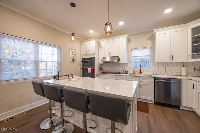 kitchen featuring ornamental molding, hanging light fixtures, a healthy amount of sunlight, and stainless steel appliances