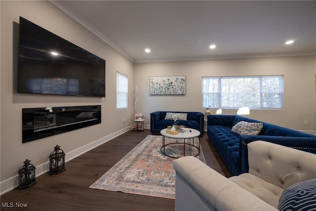 living room featuring dark hardwood / wood-style flooring and ornamental molding