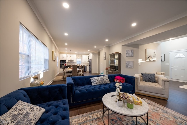 living room featuring ornamental molding and dark hardwood / wood-style flooring