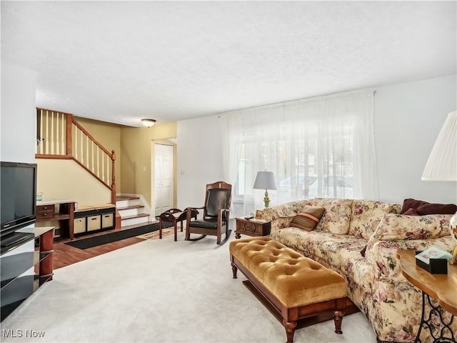 living room featuring wood-type flooring and a textured ceiling