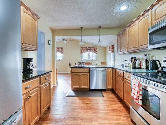 kitchen with appliances with stainless steel finishes, light wood-type flooring, vaulted ceiling, and hanging light fixtures