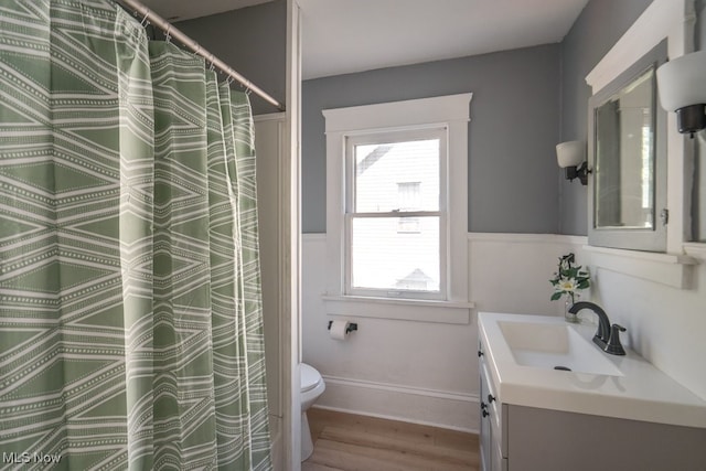 bathroom featuring vanity, wood-type flooring, and toilet