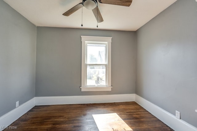 empty room featuring ceiling fan and dark wood-type flooring