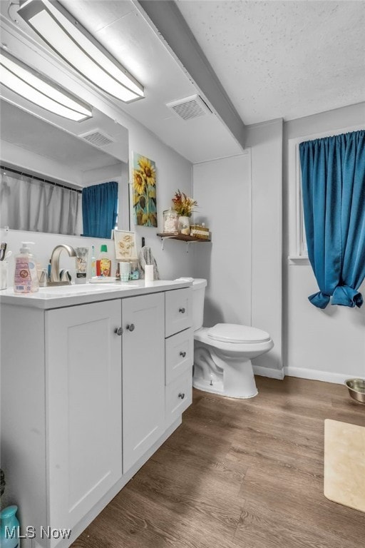 bathroom featuring vanity, wood-type flooring, and toilet