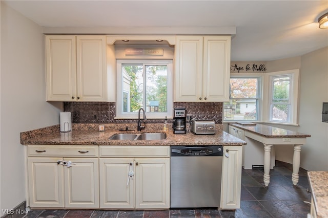 kitchen with white cabinetry, sink, stainless steel dishwasher, backsplash, and dark stone countertops