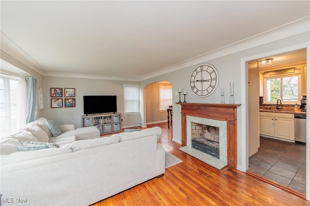 living room featuring sink, wood-type flooring, and ornamental molding