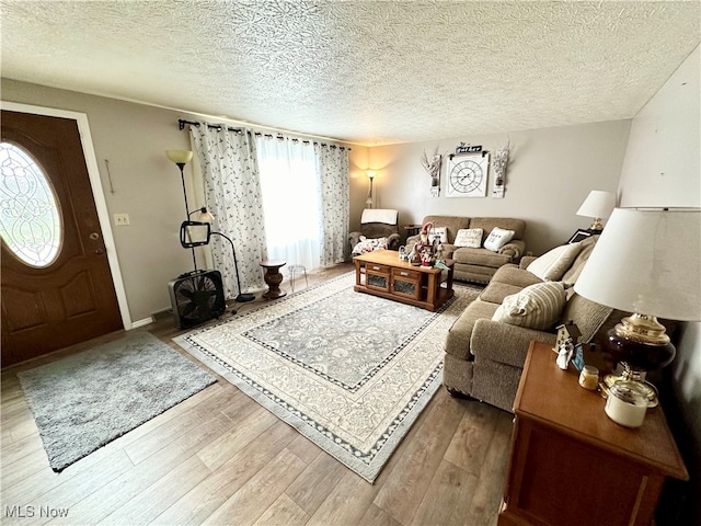 living room with hardwood / wood-style floors and a textured ceiling