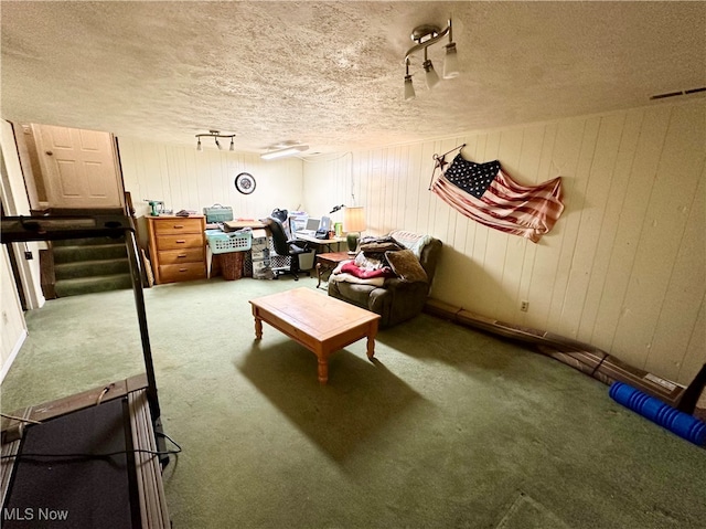 interior space featuring a textured ceiling, carpet floors, and wood walls