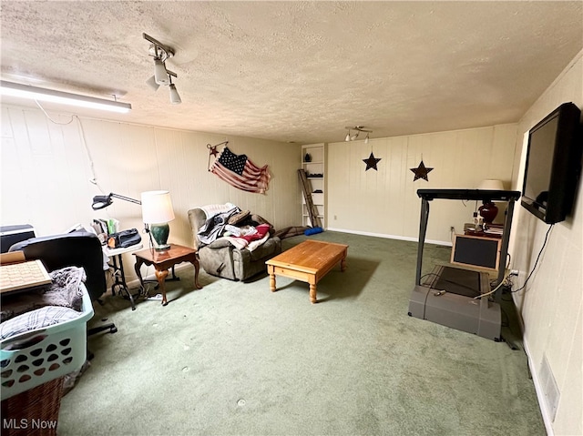 living room featuring carpet flooring and a textured ceiling