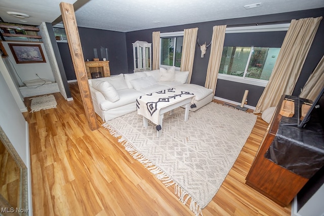 living room featuring wood-type flooring and a textured ceiling