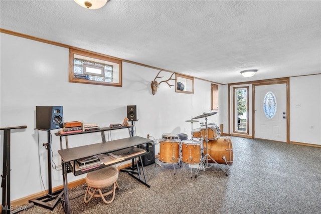 interior space with a textured ceiling