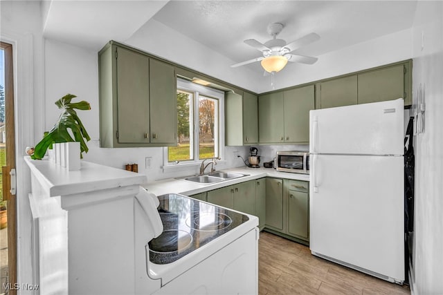 kitchen with green cabinets, sink, light wood-type flooring, and white refrigerator