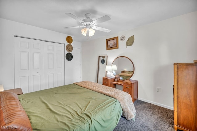 bedroom with carpet floors, a closet, and ceiling fan