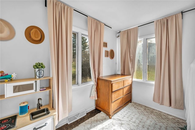 doorway to outside featuring light colored carpet, plenty of natural light, and sink