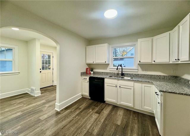 kitchen featuring stone counters, sink, black dishwasher, dark hardwood / wood-style flooring, and white cabinets