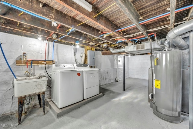 basement featuring gas water heater, separate washer and dryer, sink, and electric panel