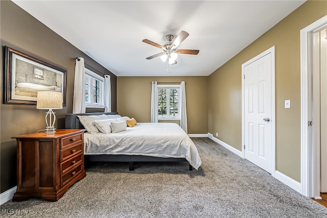 bedroom featuring carpet flooring and ceiling fan