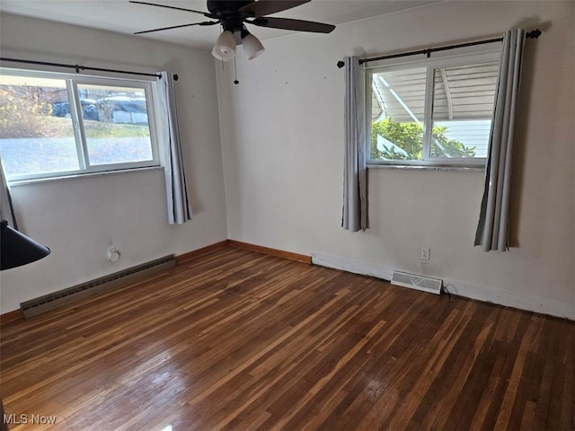 unfurnished room featuring ceiling fan, dark hardwood / wood-style flooring, and a baseboard radiator