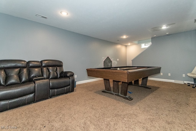 rec room featuring carpet flooring and billiards