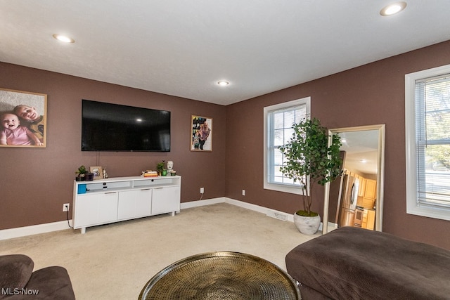 interior space featuring light carpet and multiple windows