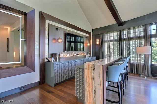 interior space with vaulted ceiling with beams and dark hardwood / wood-style flooring