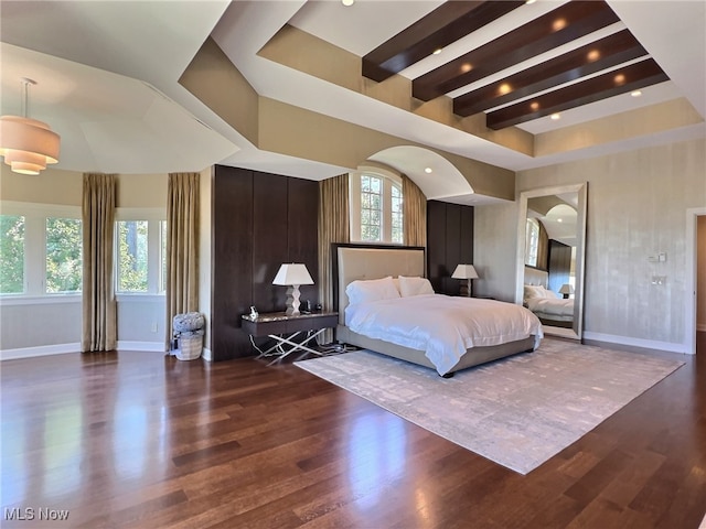 bedroom featuring dark hardwood / wood-style flooring and multiple windows