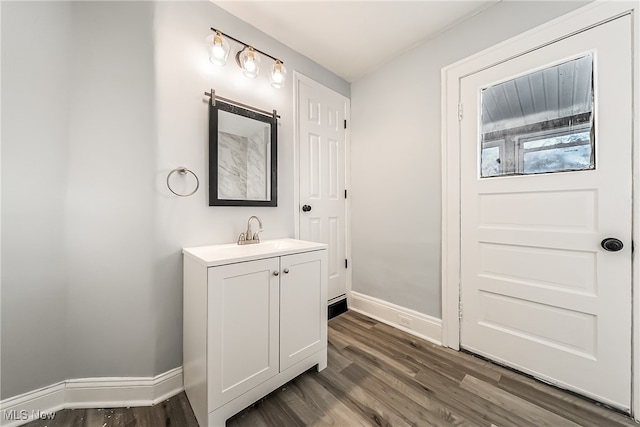 bathroom with vanity and wood-type flooring