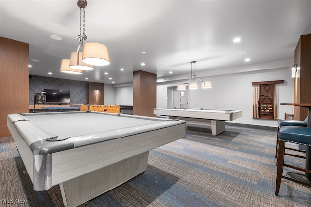 recreation room featuring dark colored carpet and billiards