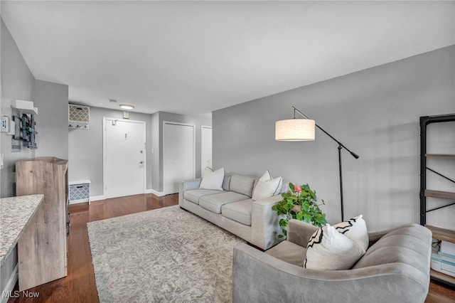 living room with dark hardwood / wood-style floors