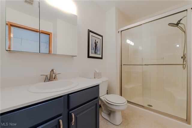 full bathroom with toilet, a shower stall, visible vents, and vanity