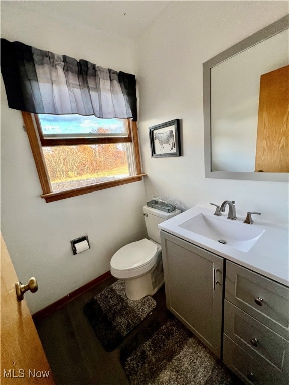 bathroom with hardwood / wood-style floors, vanity, and toilet