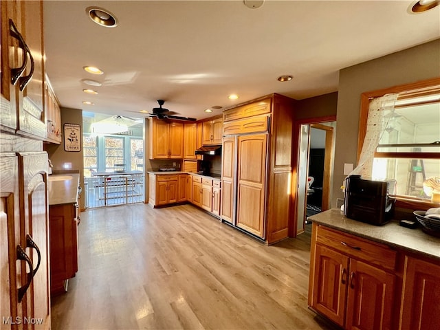 kitchen with ceiling fan, light hardwood / wood-style floors, and paneled refrigerator