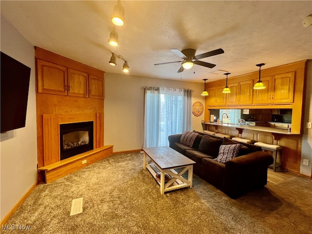 living room with ceiling fan, sink, carpet floors, and a textured ceiling