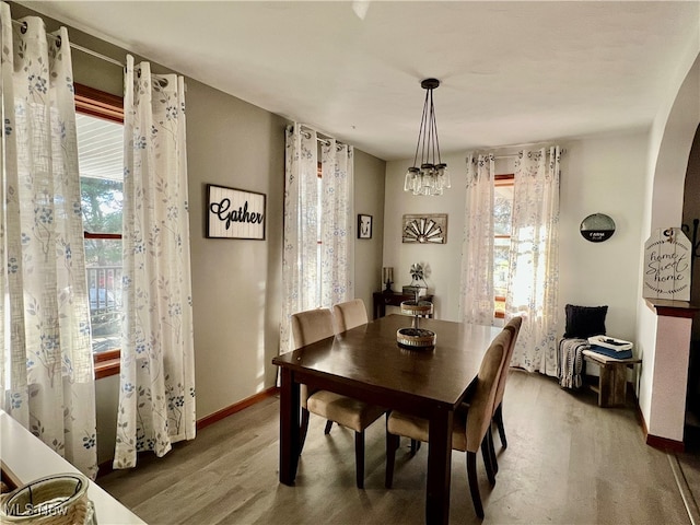 dining space with a chandelier, a healthy amount of sunlight, and wood-type flooring