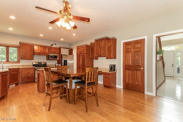 kitchen featuring ceiling fan, plenty of natural light, light hardwood / wood-style floors, and appliances with stainless steel finishes