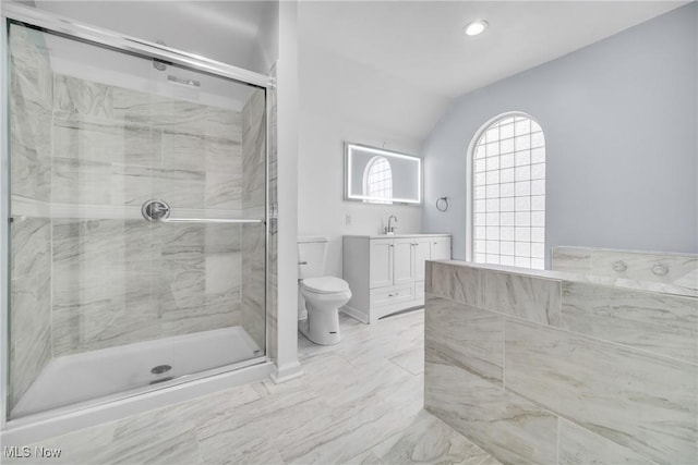 full bath featuring marble finish floor, toilet, a stall shower, vaulted ceiling, and vanity