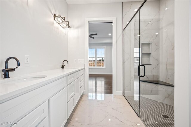 6120 Century Blvd, Canfield, OH 44406 - bathroom with marble tiled flooring, a marble finish shower, a ceiling fan, and double vanity