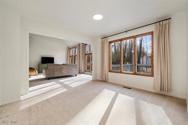 unfurnished living room with light colored carpet