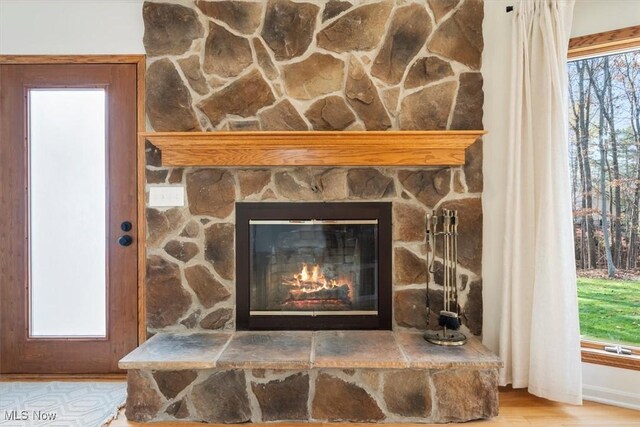 details with a fireplace and hardwood / wood-style flooring