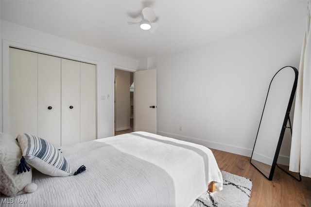 bedroom with hardwood / wood-style floors and a closet