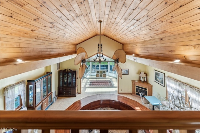 unfurnished living room featuring lofted ceiling, wooden ceiling, and wood walls