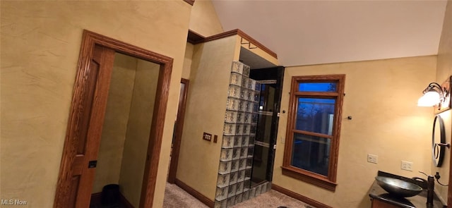 bathroom featuring vanity and vaulted ceiling