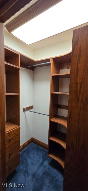 walk in closet featuring dark colored carpet