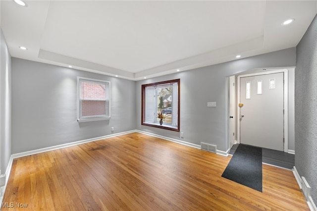 foyer entrance featuring a raised ceiling and wood-type flooring