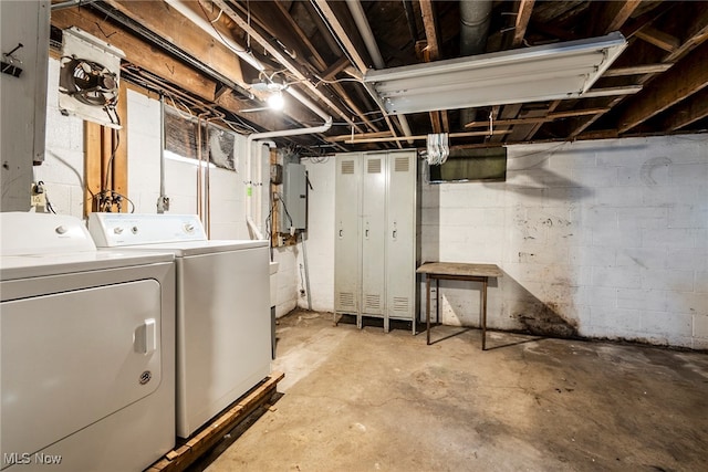 basement featuring washer and dryer and electric panel