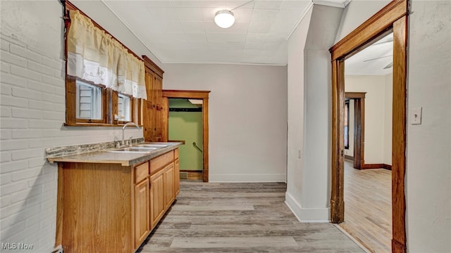 kitchen featuring crown molding, sink, and light hardwood / wood-style flooring