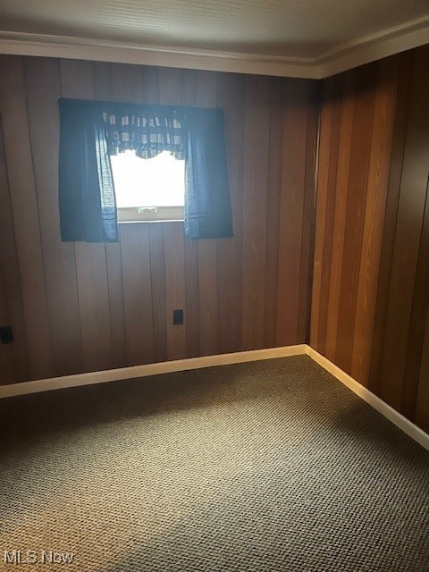 carpeted spare room with wood walls