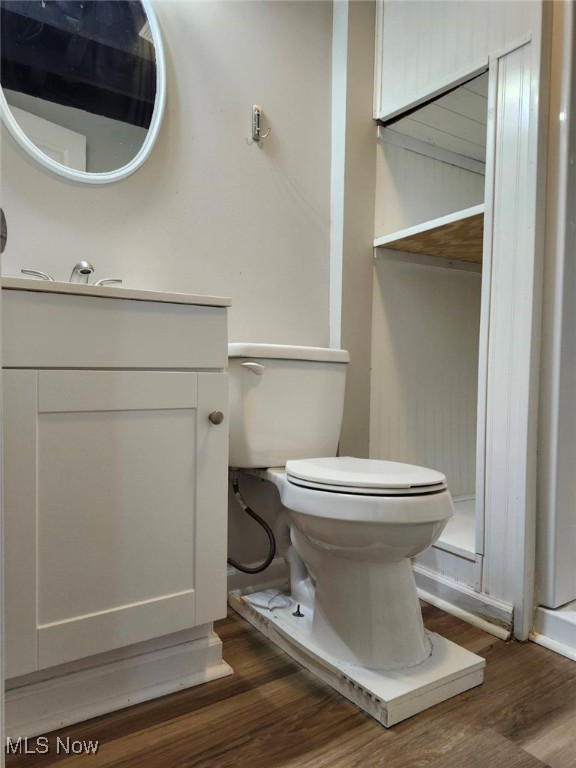 bathroom featuring hardwood / wood-style flooring, vanity, and toilet